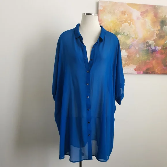 Verge NZ Short Sleeve Sheer Blue Button Down Long Blouse Size XXL - Picture 12 of 12